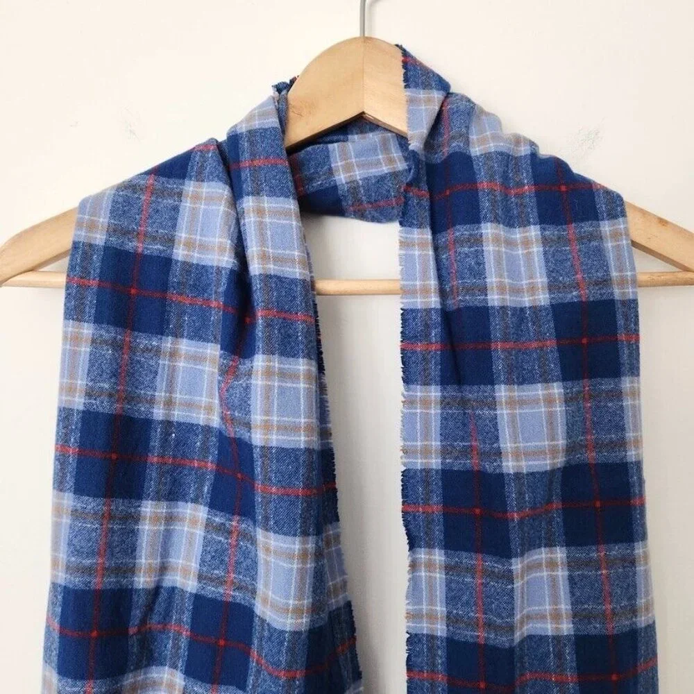 Vtg 90s Tartan Plaid Scarf Blue Red Yellow Fringe 12 x 60 Rectangle Cozy‎ Winter